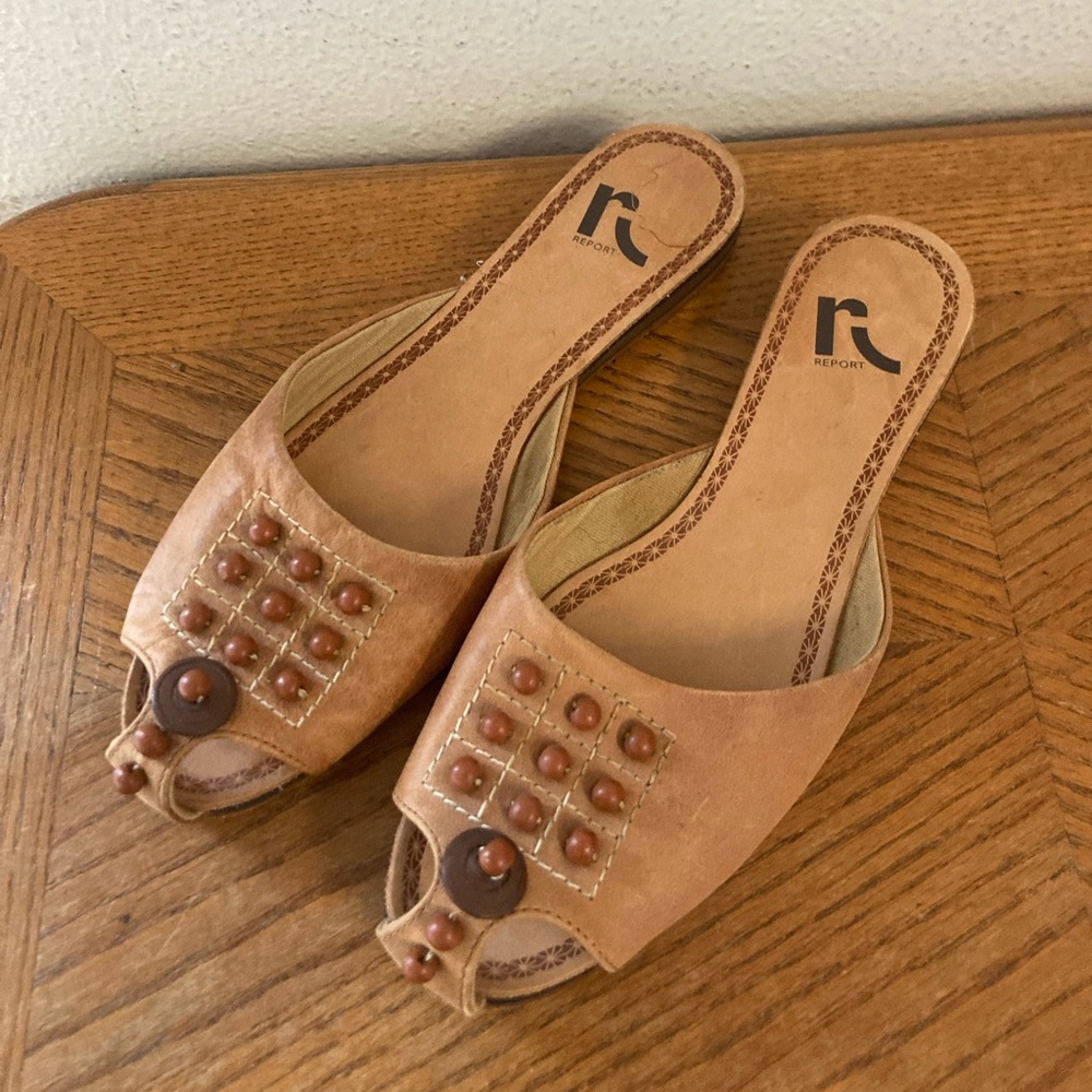 REPORT Genuine Leather Peep Toe Embellished Slides (8)